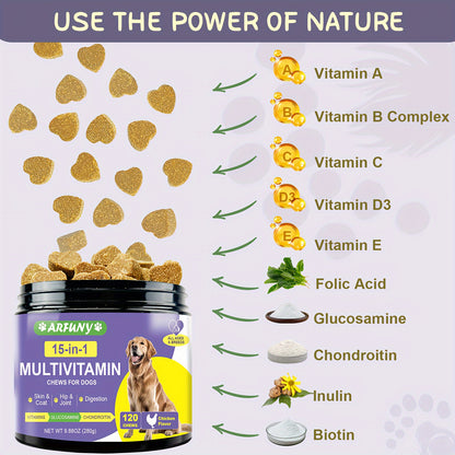 3 Pack 15 in 1 Dog Multivitamin Chewable - Essential Vitamins 120g Total, 4.2oz