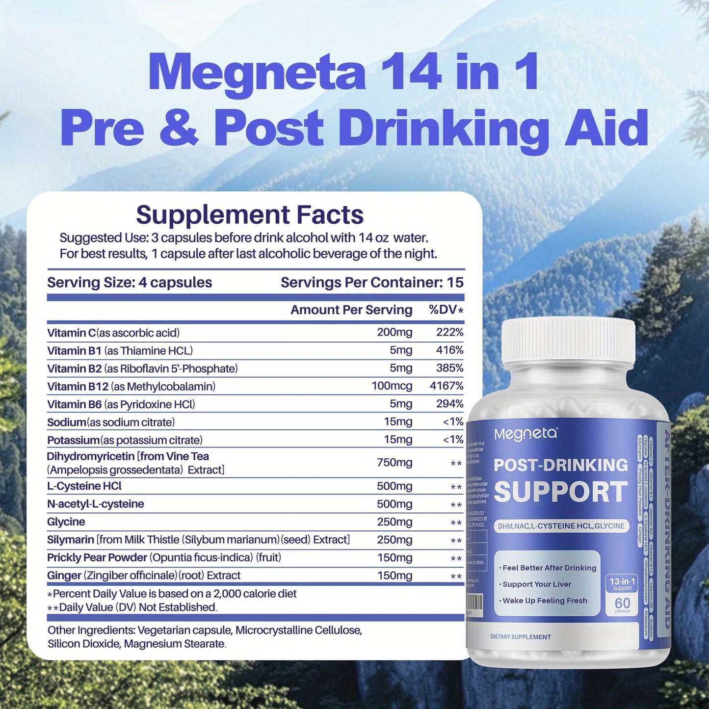 Supplement with Glycine DHM & NAC Milk Thistle L-Cysteine HCL - aid for electrolyte balance - Feel better after drinking 60 capsules