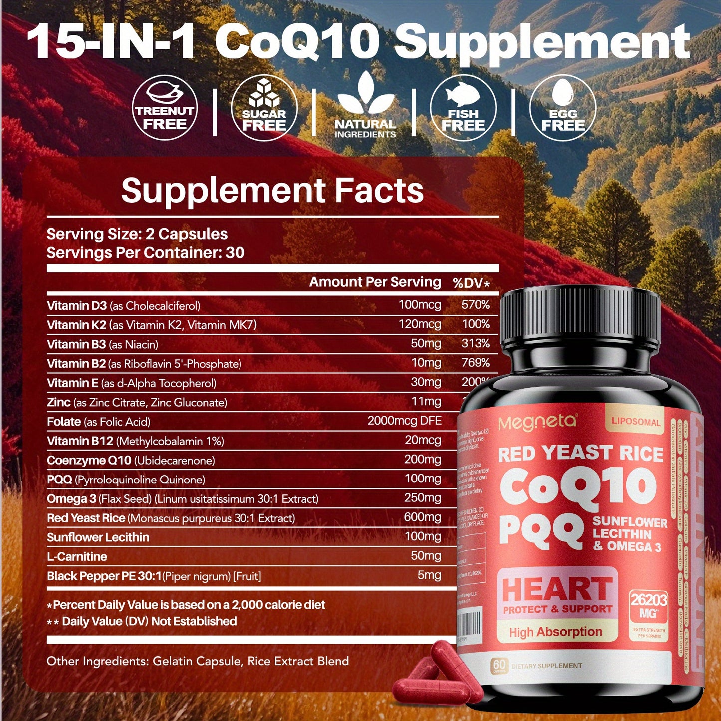 CoQ10 and PQQ with Sunflower Lecithin, Omega-3 and Red Rice Yeast. Highly Absorbable | 60 capsules