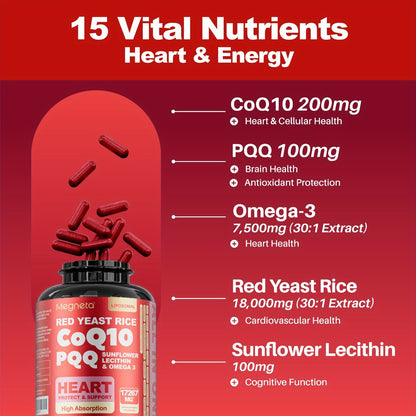 CoQ10 and PQQ with Sunflower Lecithin, Omega-3 and Red Rice Yeast. Highly Absorbable | 60 capsules