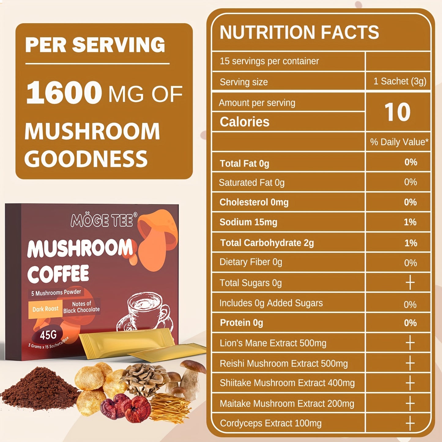 Mushroom Coffee 5 in 1 - With Reishi, Lion's Hair, Cordyceps, Maitake, Shiitake, Arabica Coffee Bean (15 Packets 3g)