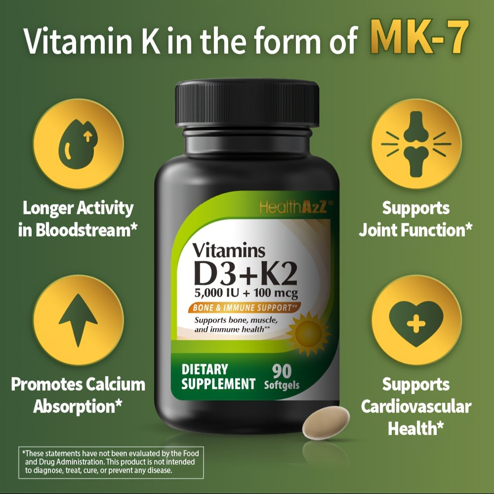 Vitamin D3 and K2 (MK-7) soft capsules - 5000 IU, hypoallergenic, 90 units