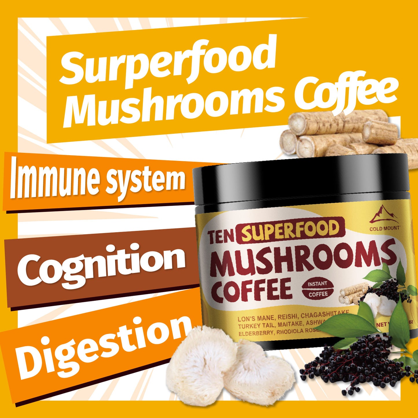 Superfood Mushroom Coffee - Instant Powder with Lion's Mane, Reishi, Chaga & Ashwagandha Sambuca