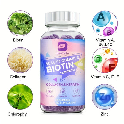 Biotin Gummies - 12,000 mcg with Collagen, Keratin and Zinc - 60 Capsules