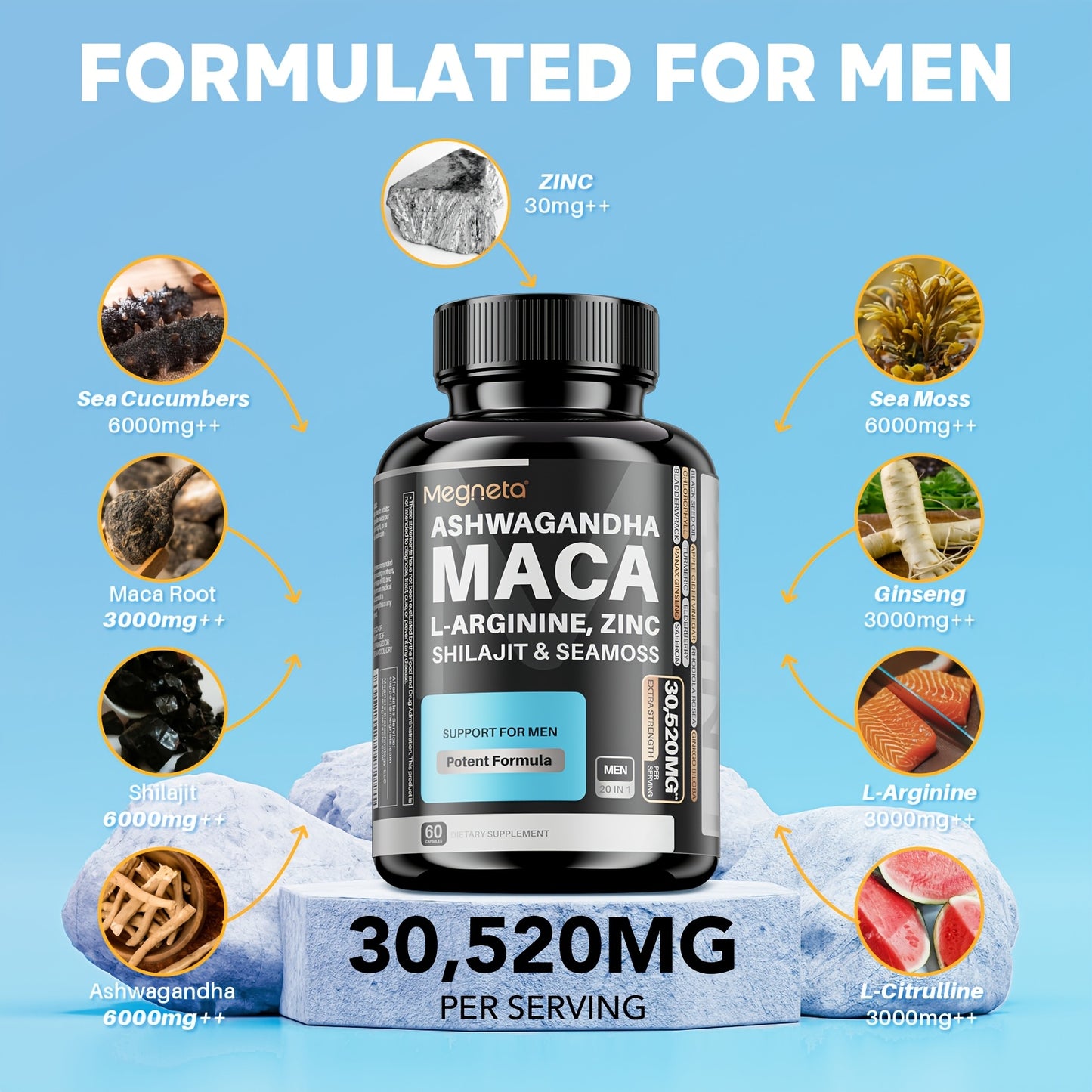 Ultimate Men's Energy Boost: 20-in-1 Herbal Blend with Maca, L-Arginine, Ashwagandha & Shilajit