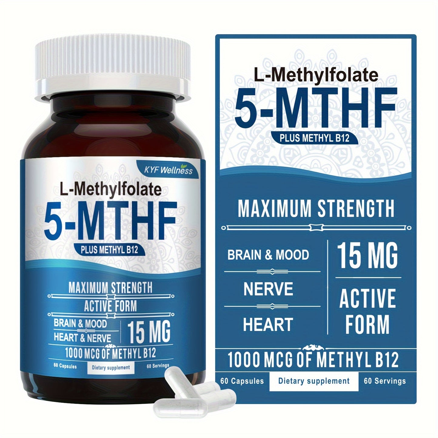 L-5-Mthf Methyl Folate Supplement, 15mg - Active Folic Acid for Better Absorption (60 capsules in a 2 bottle)