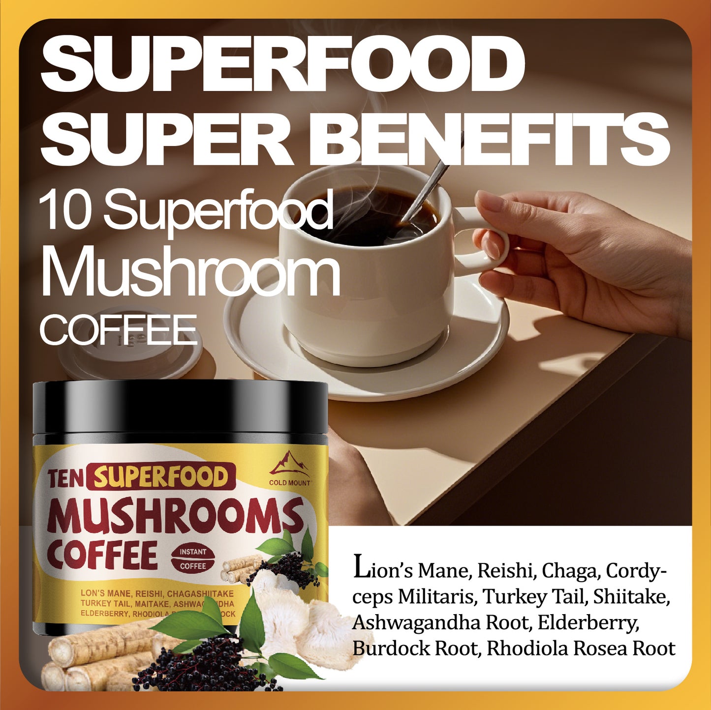 Superfood Mushroom Coffee - Instant Powder with Lion's Mane, Reishi, Chaga & Ashwagandha Sambuca