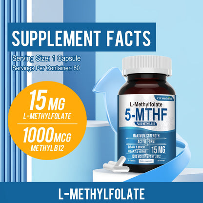 L-5-Mthf Methyl Folate Supplement, 15mg - Active Folic Acid for Better Absorption (60 capsules in a 2 bottle)