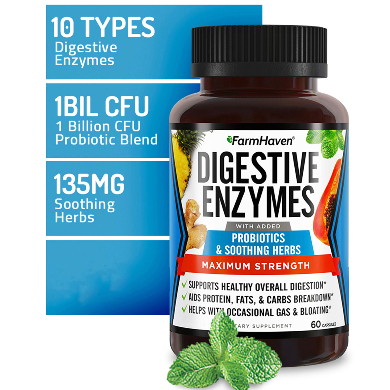 Digestive Enzymes with 18 Probiotics and Herbs Papaya, Bromelain, 60 Capsules