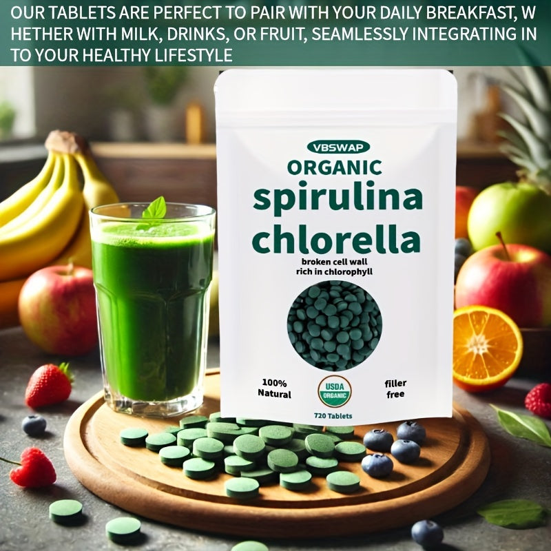 Organic Chlorella Spirulina Tablets, 720 Count, No Additives