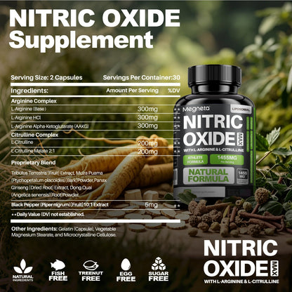 Nitric Oxide Supplement Contains L-Arginine, Citrulline Malate, AAKG, 60 Capsules