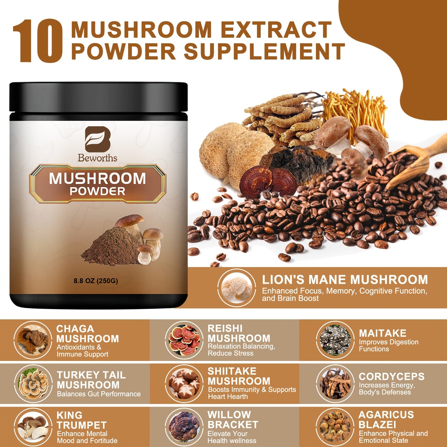 Mushroom Coffee Powder with Reishi, Cordyceps, Lion's Mane, Chaga & Turkey Tail 250g/8.8oz