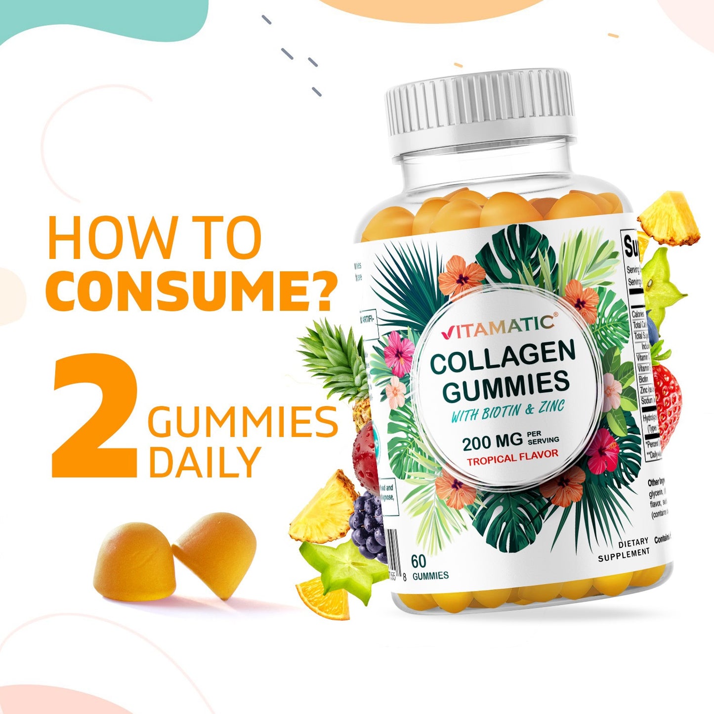 Hydrolyzed Collagen Gummies with Vitamin C, Zinc and Biotin, 200 mg - 60 Gummies