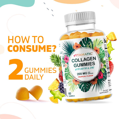 Hydrolyzed Collagen Gummies with Vitamin C, Zinc and Biotin, 200 mg - 60 Gummies