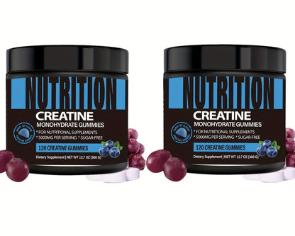 Set of 2 Bottles of Creatine Monohydrate Gummies Without Sugar or Artificial Colors - Low Calories 5g Blueberry Flavor