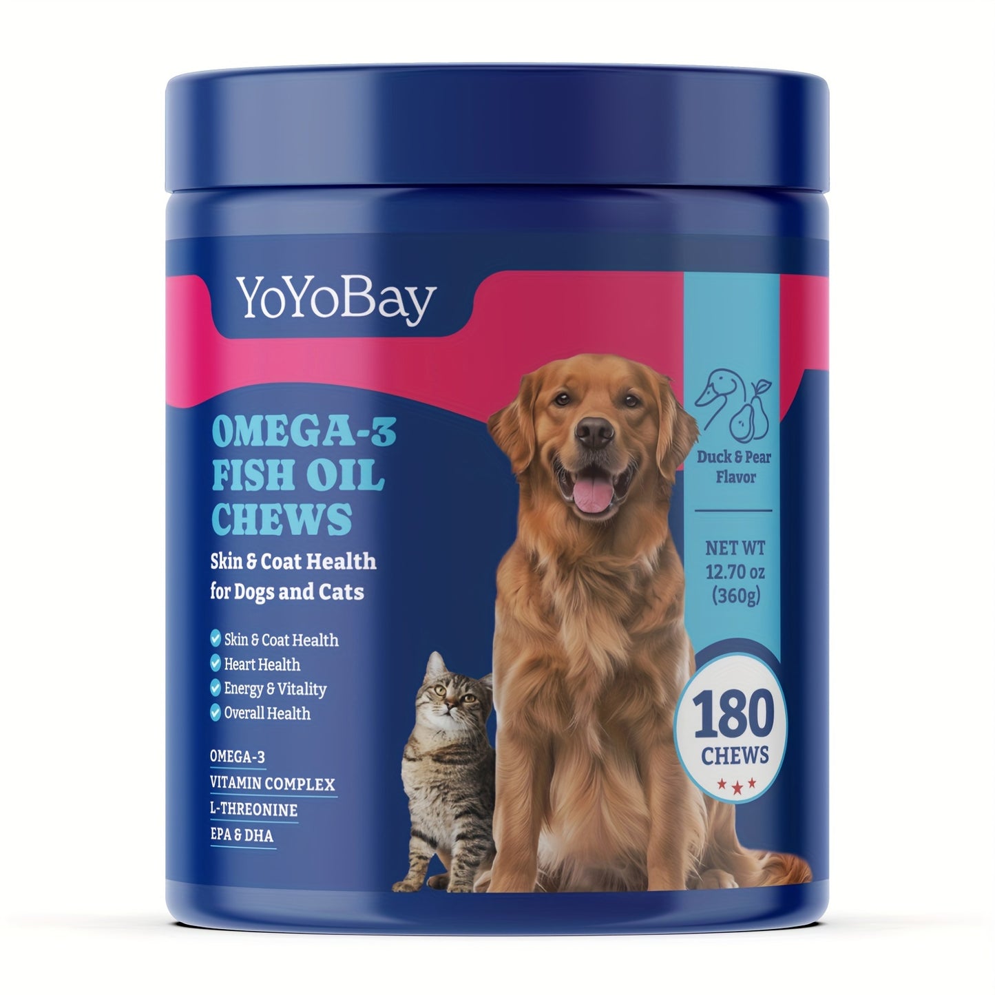 Fish Oil Chews for Dogs and Cats, Rich in Omega 3, 6 and 9 EPA and DHA - 180 Soft Chews, Duck and Pear Flavor