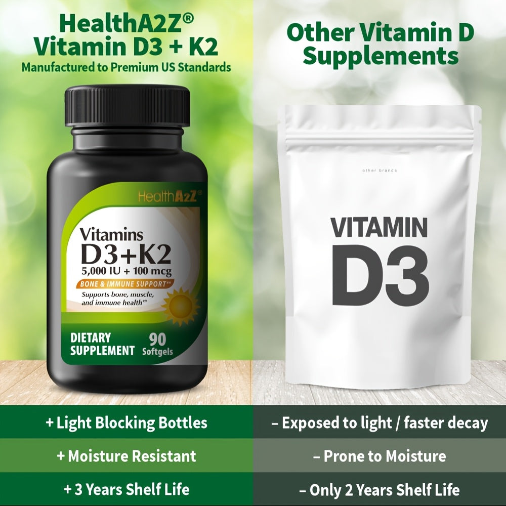 Vitamin D3 and K2 (MK-7) soft capsules - 5000 IU, hypoallergenic, 90 units