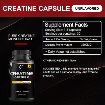 Creatine Monohydrate Capsules 3500 mg Pure Creatine Monohydrate - 180 Capsules (2 Packs)