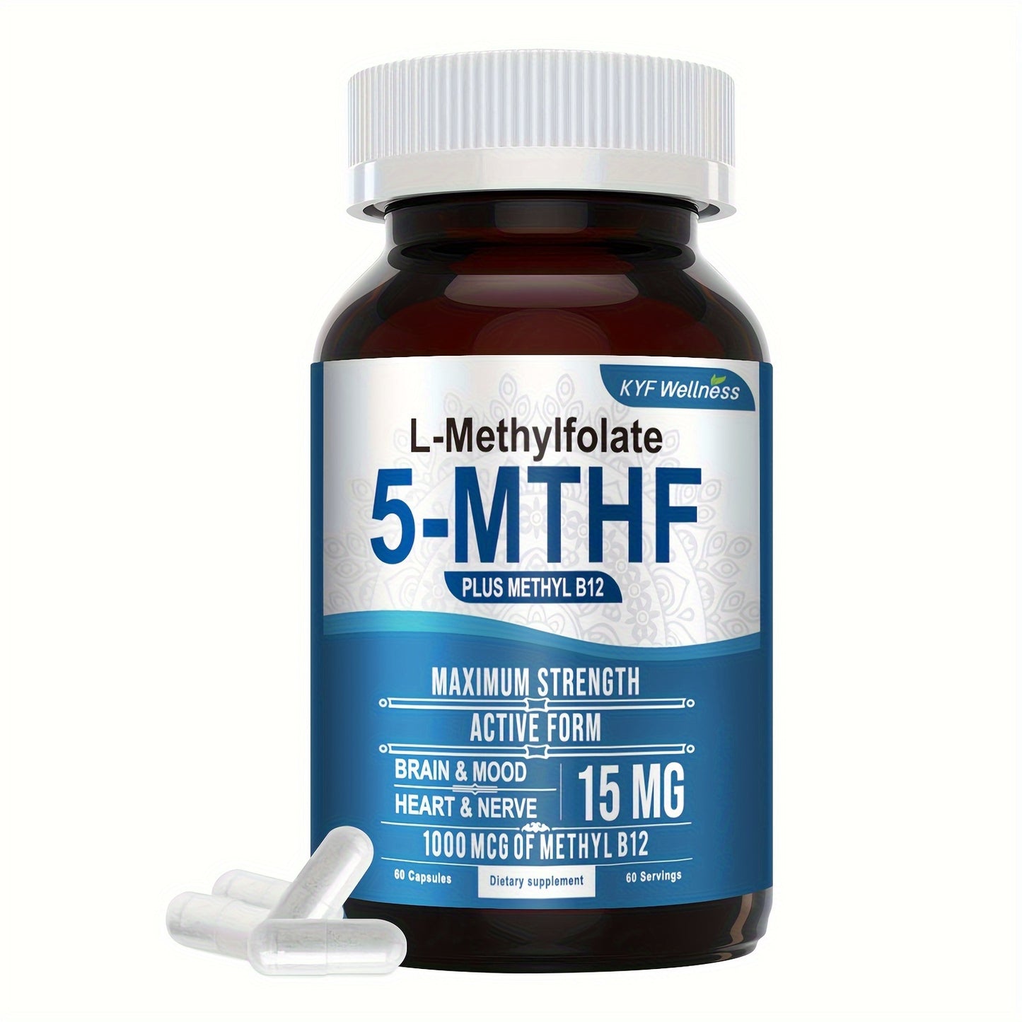 L-5-Mthf Methyl Folate Supplement, 15mg - Active Folic Acid for Better Absorption (60 capsules in a 2 bottle)