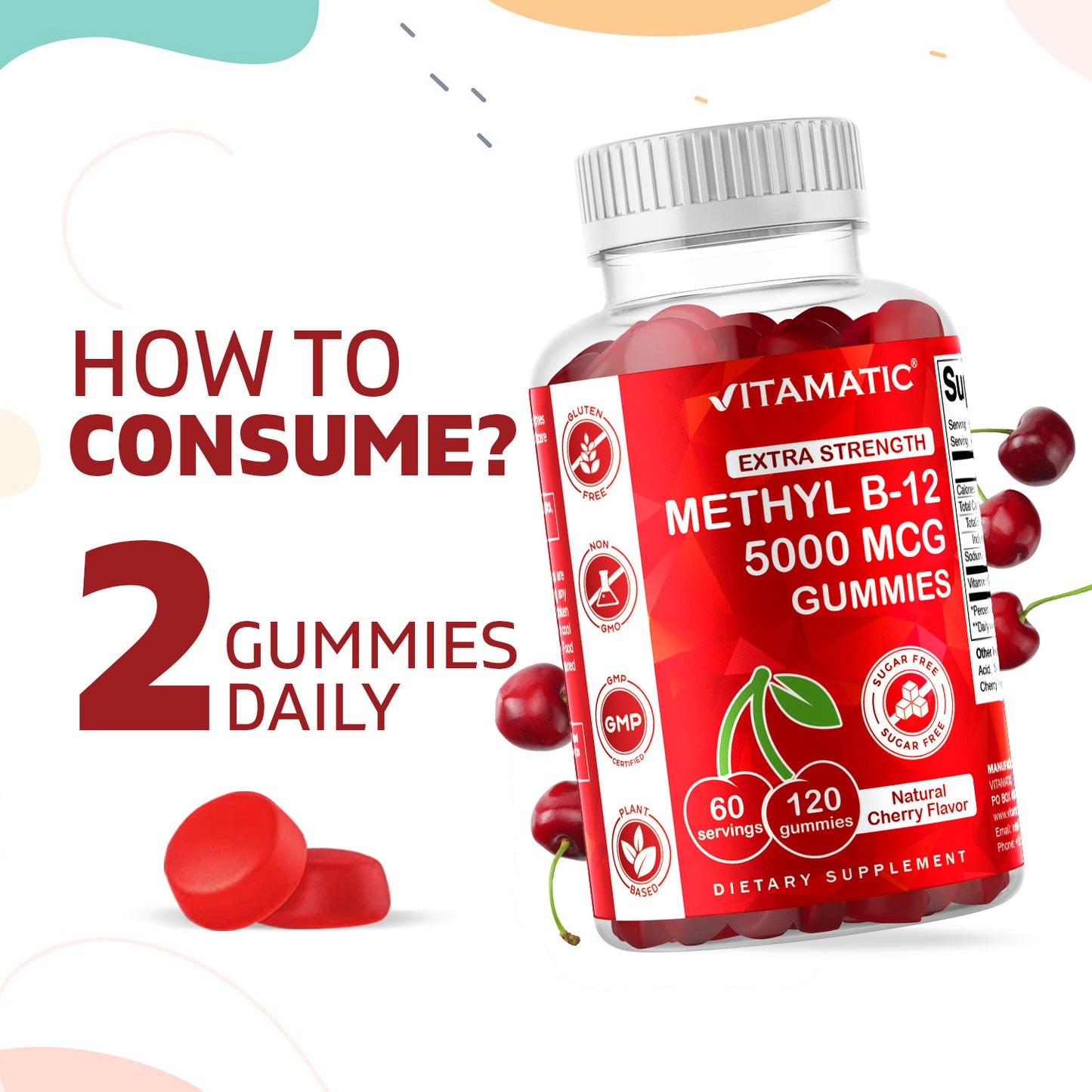 Vitamin B12 5000 mcg (Methyl B12) Gummies - 120 units - With natural cherry flavor