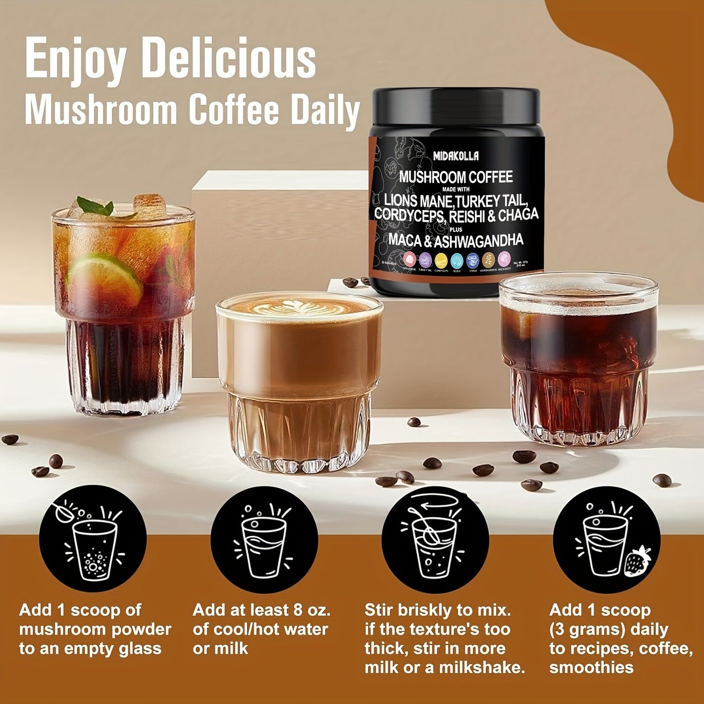 Coffee Blend Lion's Mane Mushrooms, Turkey Tail Mushrooms, Reishi, Birch, Shiitake Mushrooms 3.7oz (105g) 1/2 Bottles