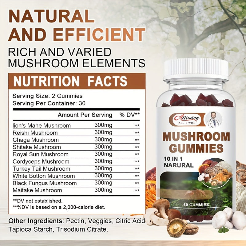 Mushroom Gummies - 10 In 1 Mushroom Complex-120 Capsules (2pack)