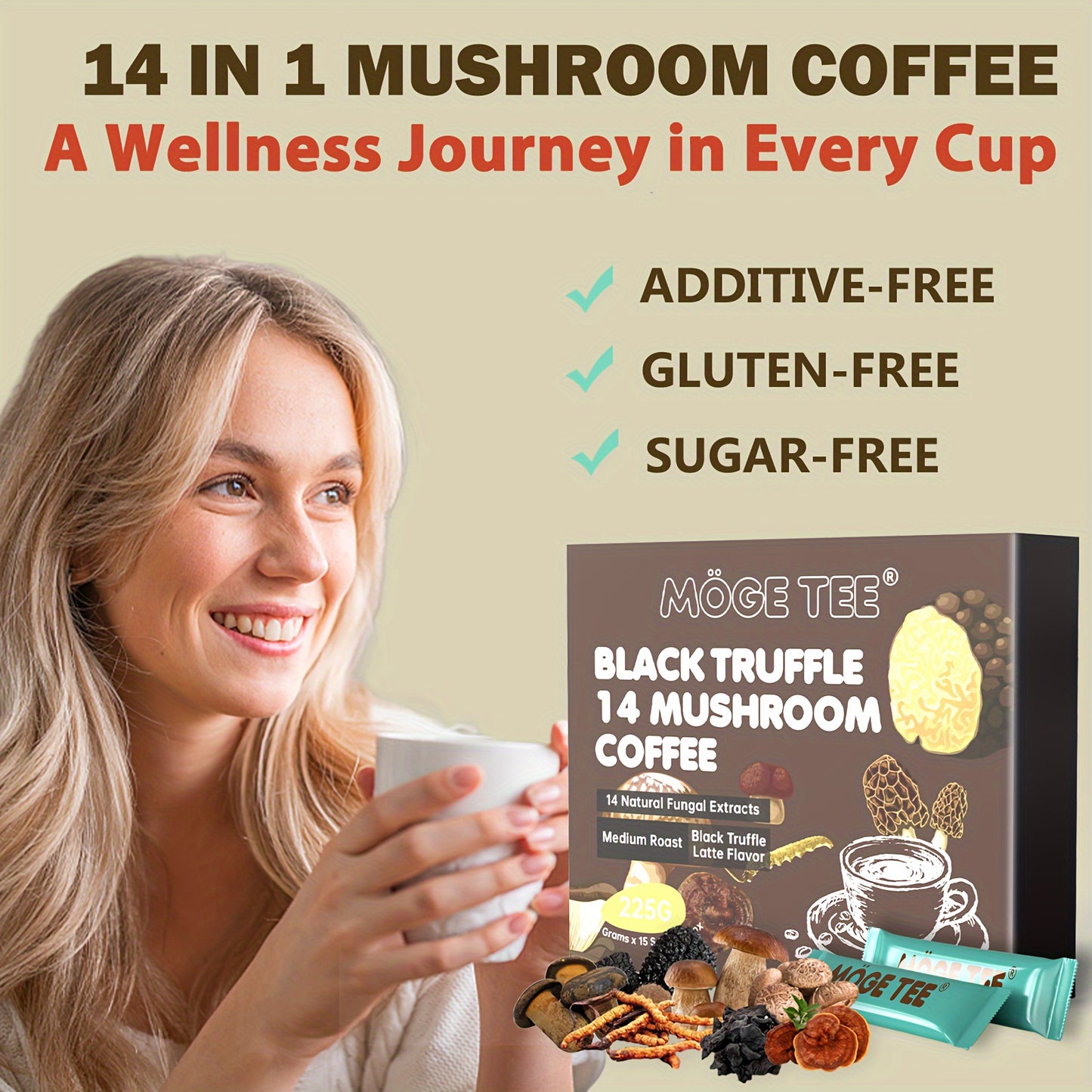 Instant Coffee 14 Flavor Black Truffle Latte, with Mushroom, Arabica Coffee, Gluten Free and Sugar Free, 8OZ (15 Packs)