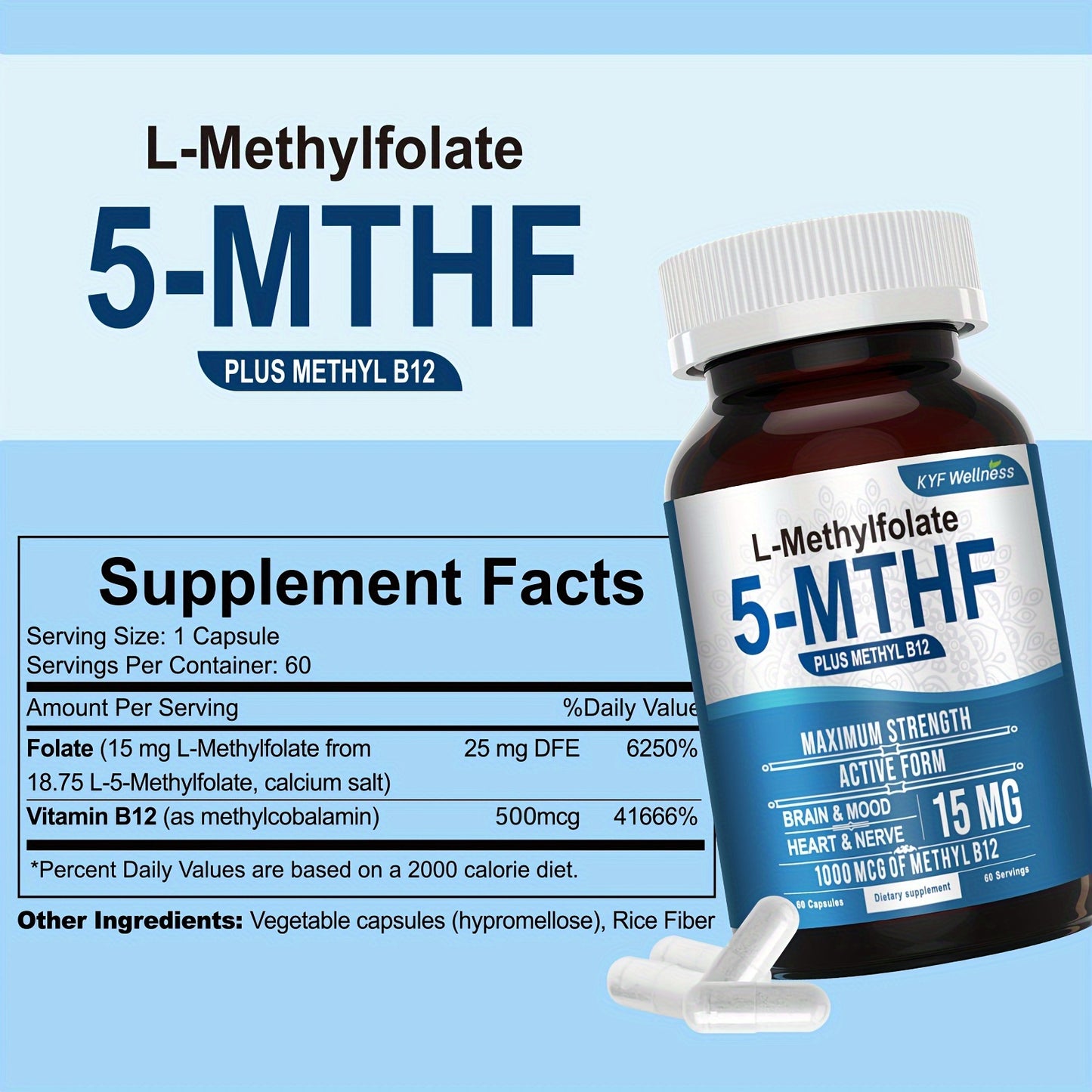 L-5-Mthf Methyl Folate Supplement, 15mg - Active Folic Acid for Better Absorption (60 capsules in a 2 bottle)