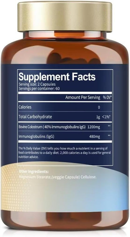 Premium bovine colostrum capsules - 1200 mg, 40% IgG - 120 capsules