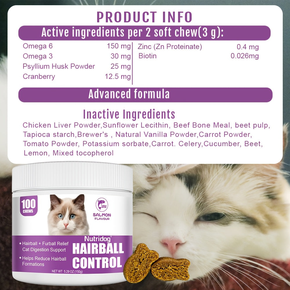 Hairball Aid Supplement for Cats, 100 Chews Digestive Support