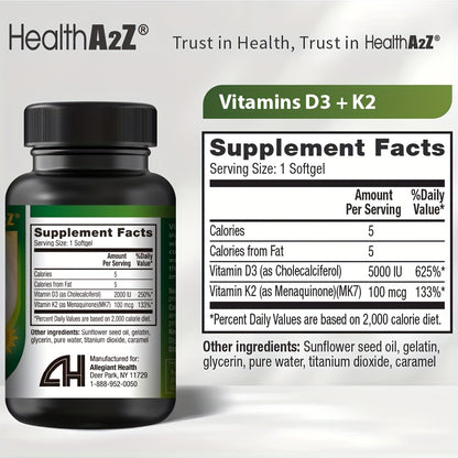 Vitamin D3 and K2 (MK-7) soft capsules - 5000 IU, hypoallergenic, 90 units