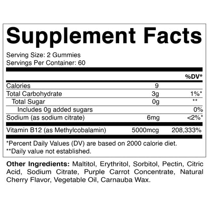 Vitamin B12 5000 mcg (Methyl B12) Gummies - 120 units - With natural cherry flavor