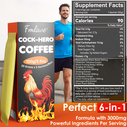 Cock Hero Coffee, Arabica Coffee Powder with Maca Root, Tubular Cistanche, Tongkat Ali, Ginseng, Cordyceps, Ashwagandha 3.5oz, 5 Packets