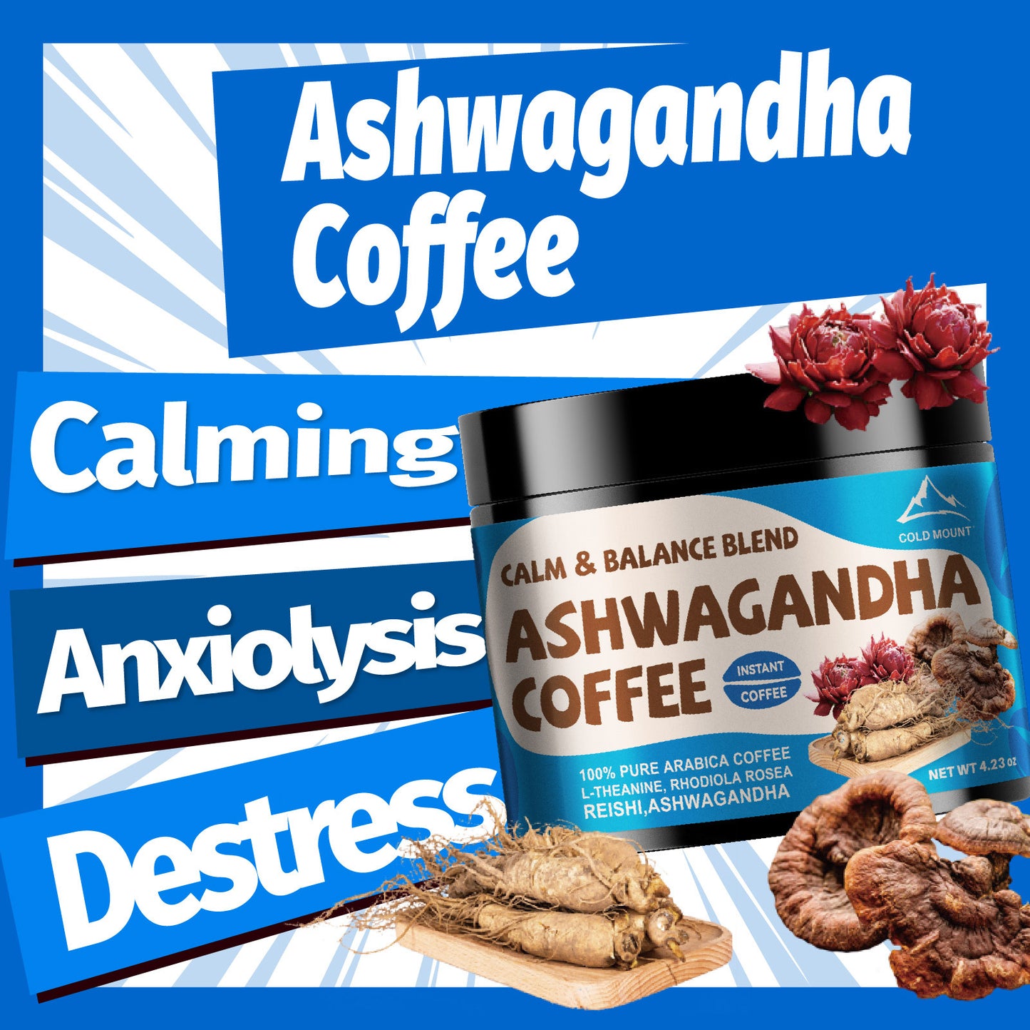 Ashwagandha Coffee with 100% Arabica beans, enriched with Ashwagandha root, Rhodiola Rosea, L-Theanine, Reishi, Chaga