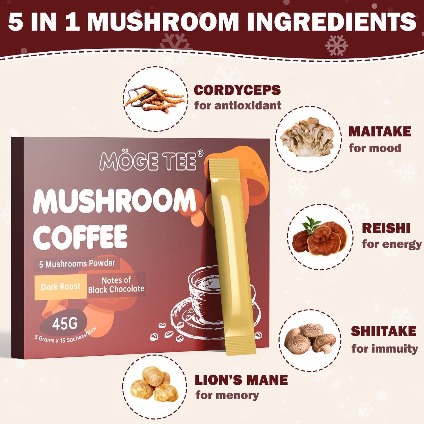 Mushroom Coffee 5 in 1 - With Reishi, Lion's Hair, Cordyceps, Maitake, Shiitake, Arabica Coffee Bean (15 Packets 3g)