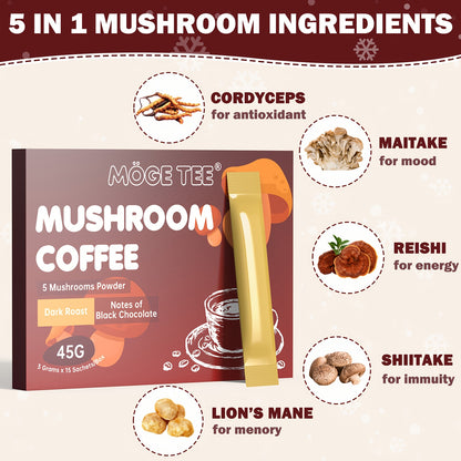 Mushroom Coffee 5 in 1 - With Reishi, Lion's Hair, Cordyceps, Maitake, Shiitake, Arabica Coffee Bean (15 Packets 3g)