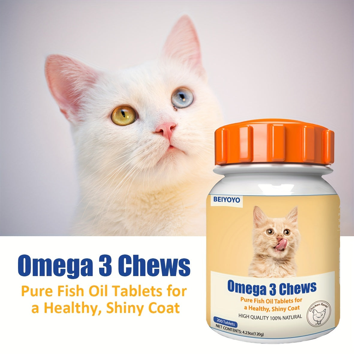 Omega 3 Fish Oil - Fatty Acids, EPA and DHA Cat - 200 Chicken Flavored Chews