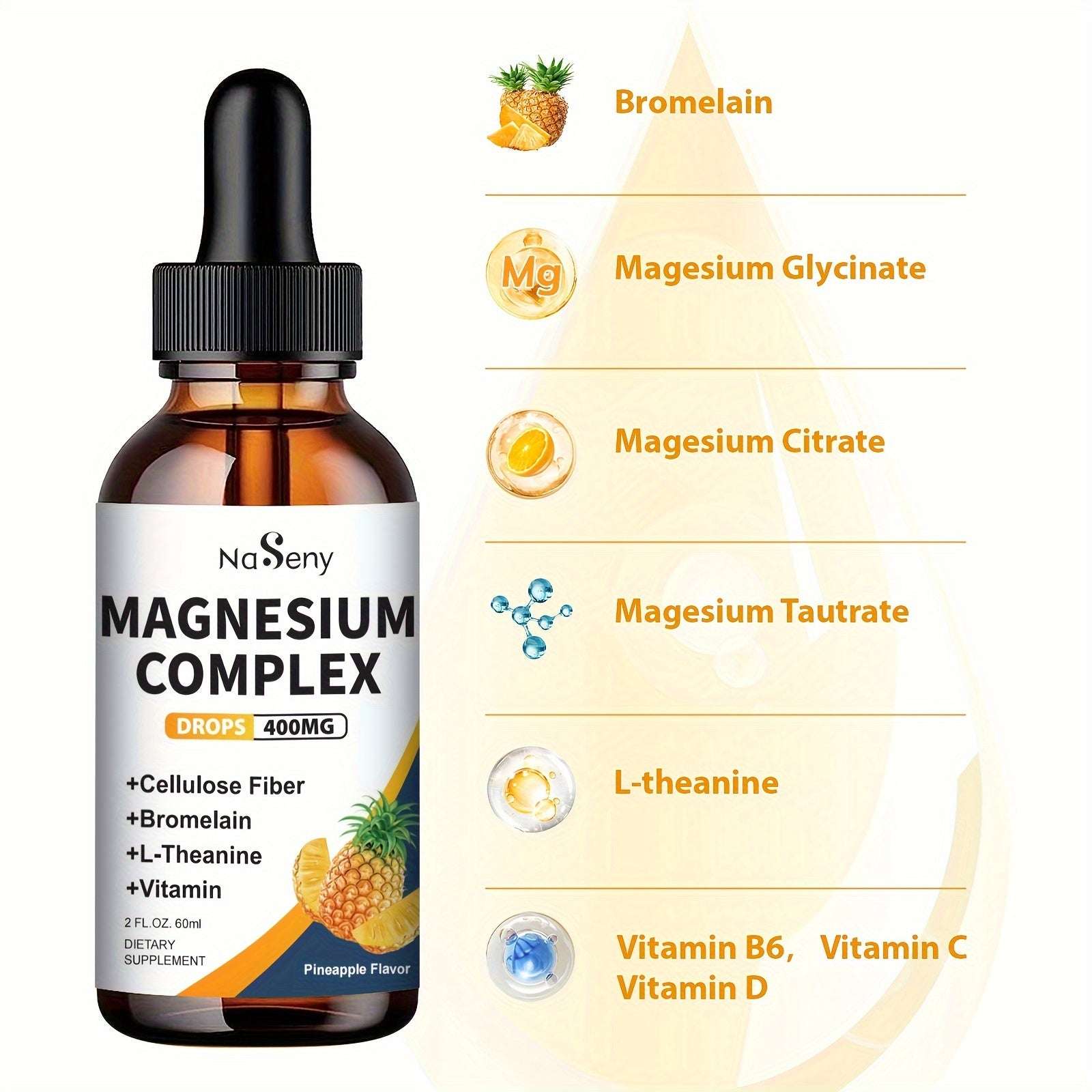 Magnesium Complex Drops 400mg - Highly Absorbable Magnesium Glycinate and Taurate Pineapple Flavor.