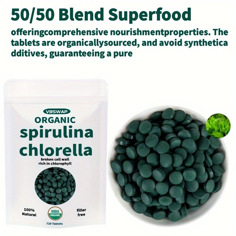 Organic Chlorella Spirulina Tablets, 720 Count, No Additives