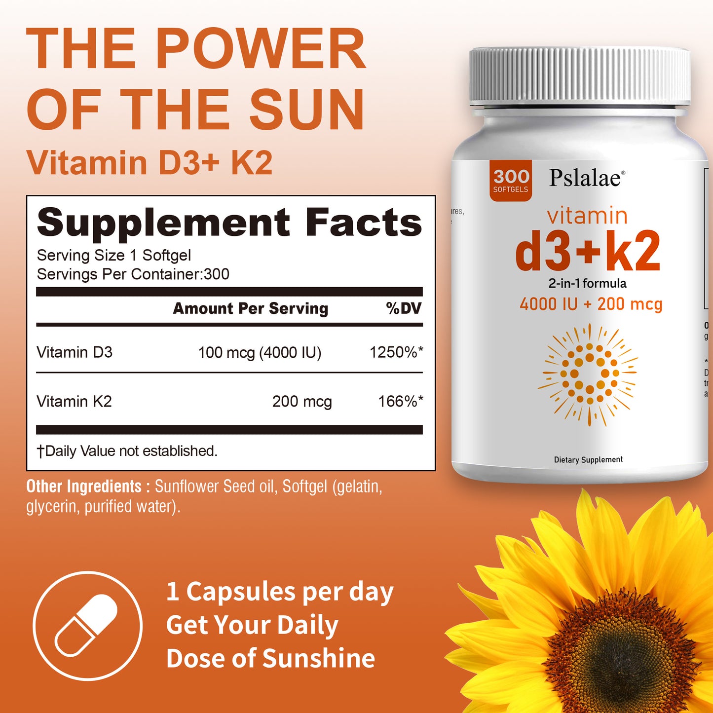 Vitamin D3 and K2 Premium Formula - 300 Softgels