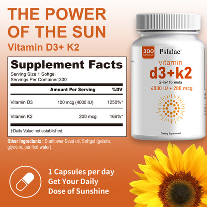 Vitamin D3 and K2 Premium Formula - 300 Softgels