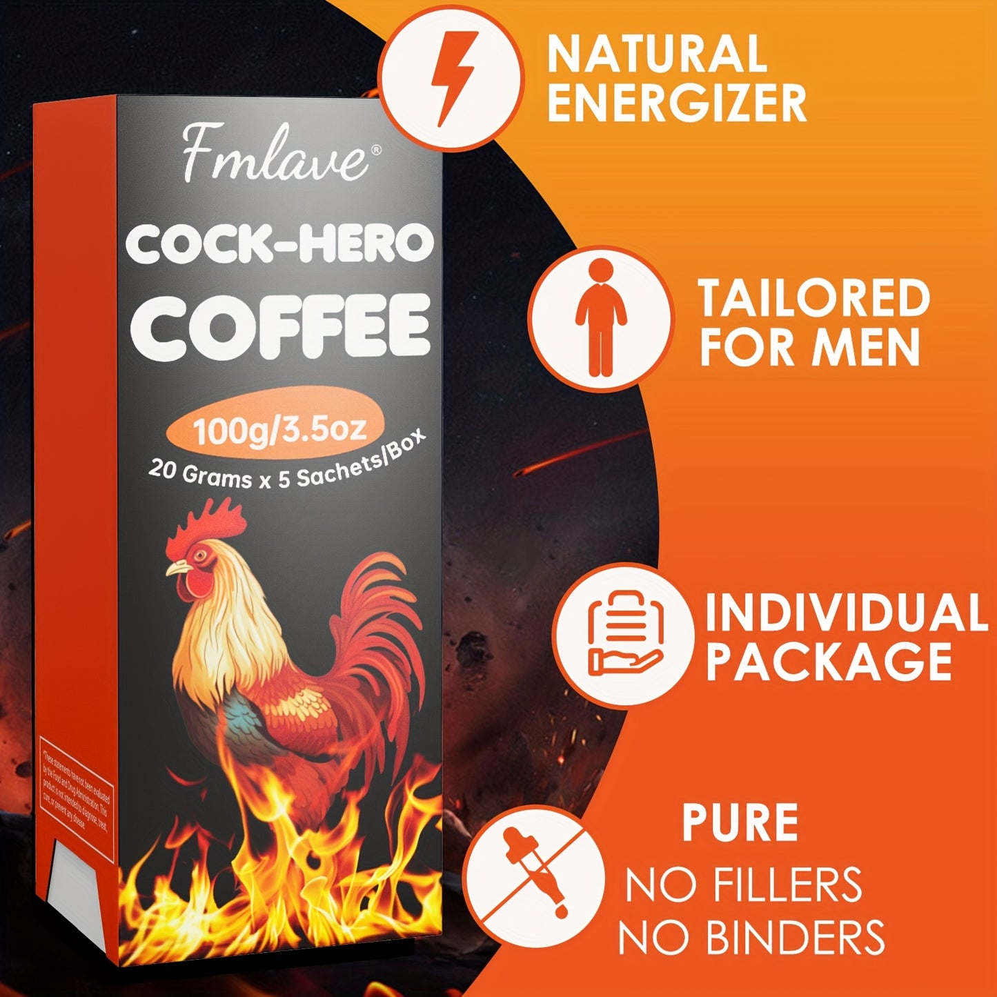 Cock Hero Coffee, Arabica Coffee Powder with Maca Root, Tubular Cistanche, Tongkat Ali, Ginseng, Cordyceps, Ashwagandha 3.5oz, 5 Packets