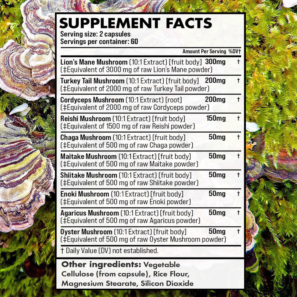 Mushroom Supplement 10 in 1 Brain and Immune Support, 120 Capsules