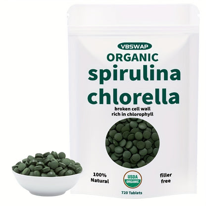 Organic Chlorella Spirulina Tablets, 720 Count, No Additives