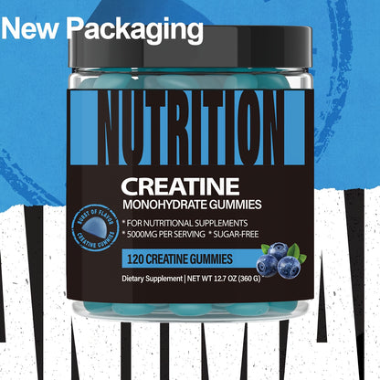 Set of 2 Bottles of Creatine Monohydrate Gummies Without Sugar or Artificial Colors - Low Calories 5g Blueberry Flavor