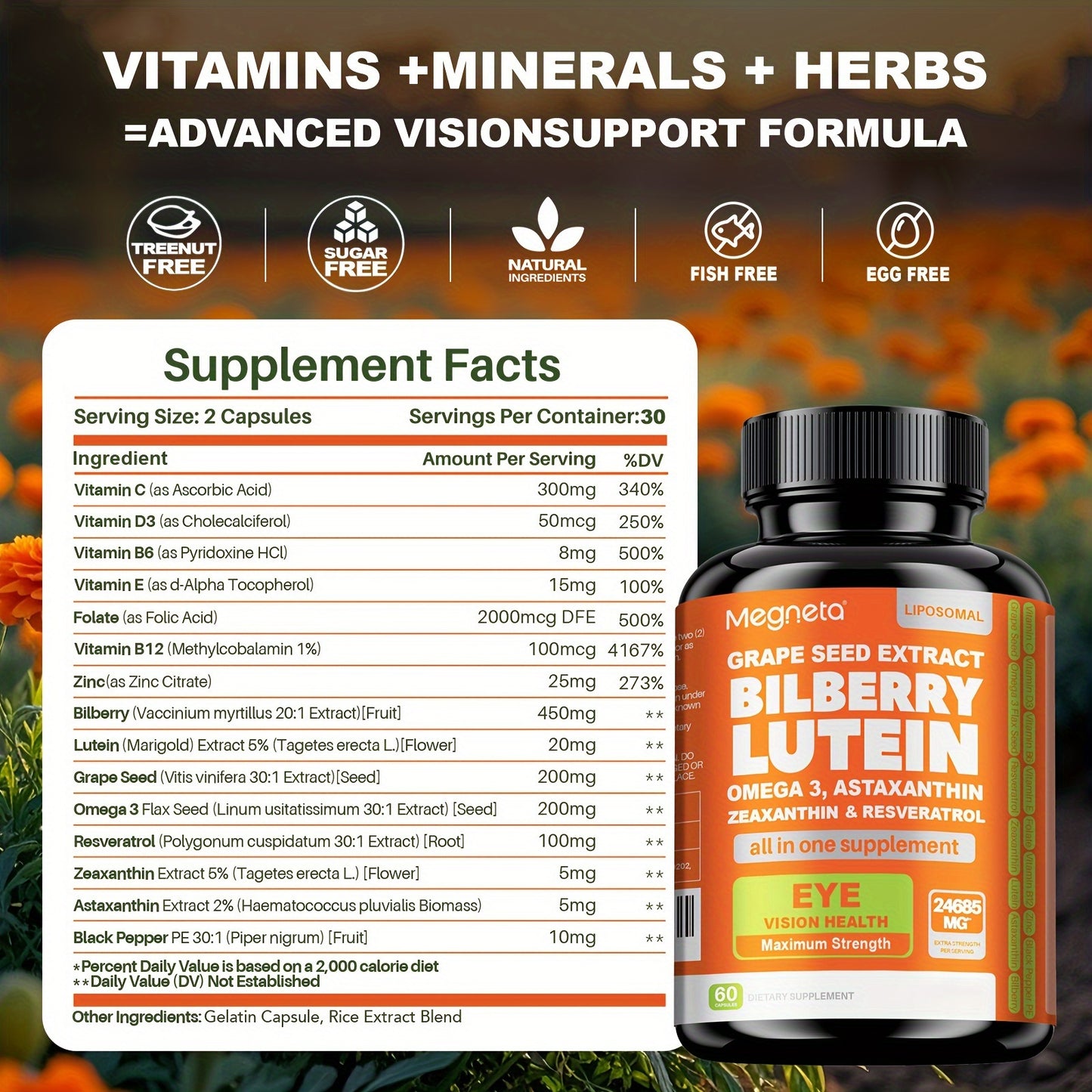 Vitamins Lutein 20mg and supports vision health - 60 capsules