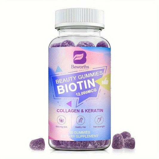 Biotin Gummies - 12,000 mcg with Collagen, Keratin and Zinc - 60 Capsules