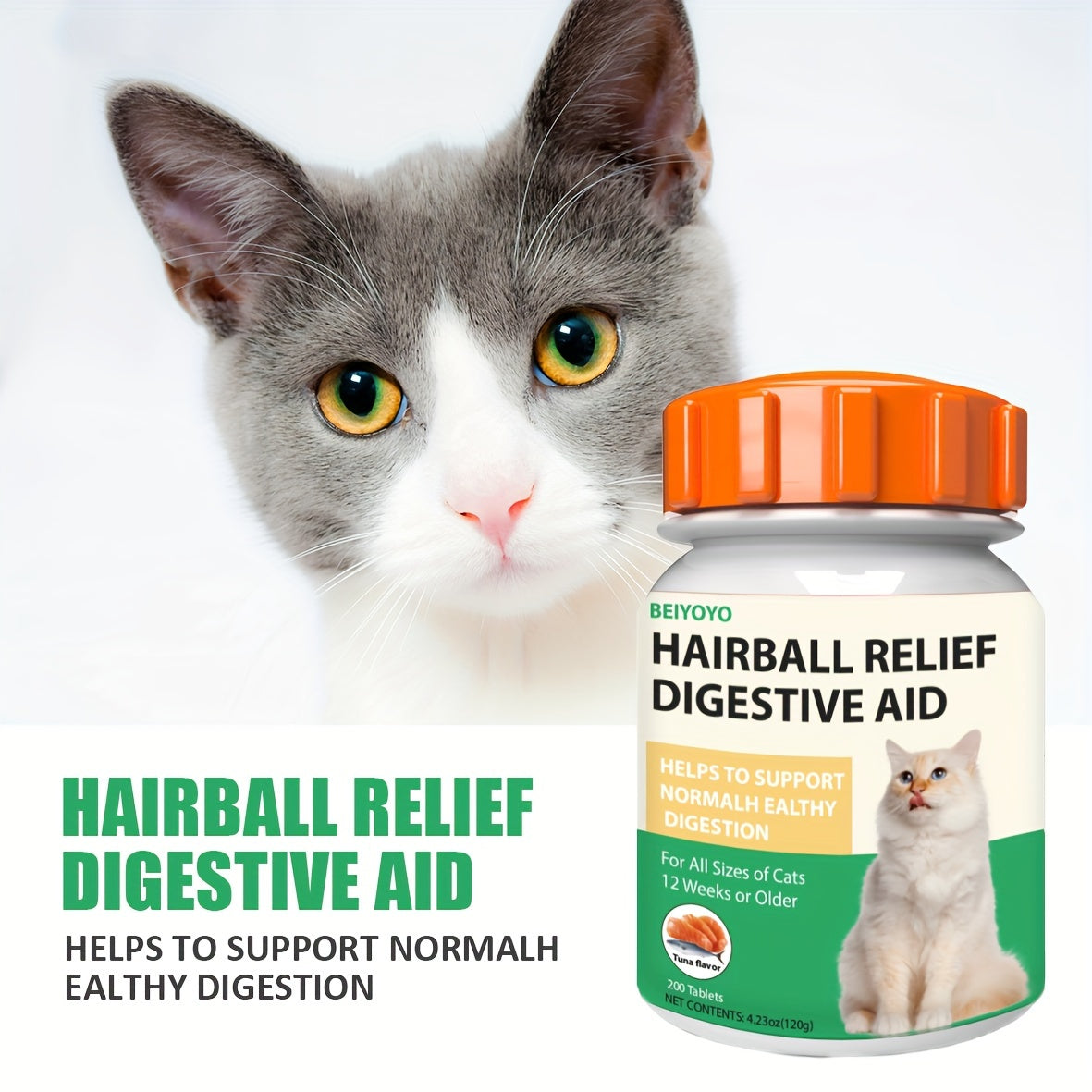 200 Tuna Flavored Cat Digestive Tablets for Hairball Relief and Gut Health