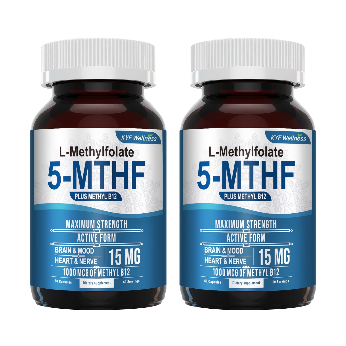 L-5-Mthf Methyl Folate Supplement, 15mg - Active Folic Acid for Better Absorption (60 capsules in a 2 bottle)