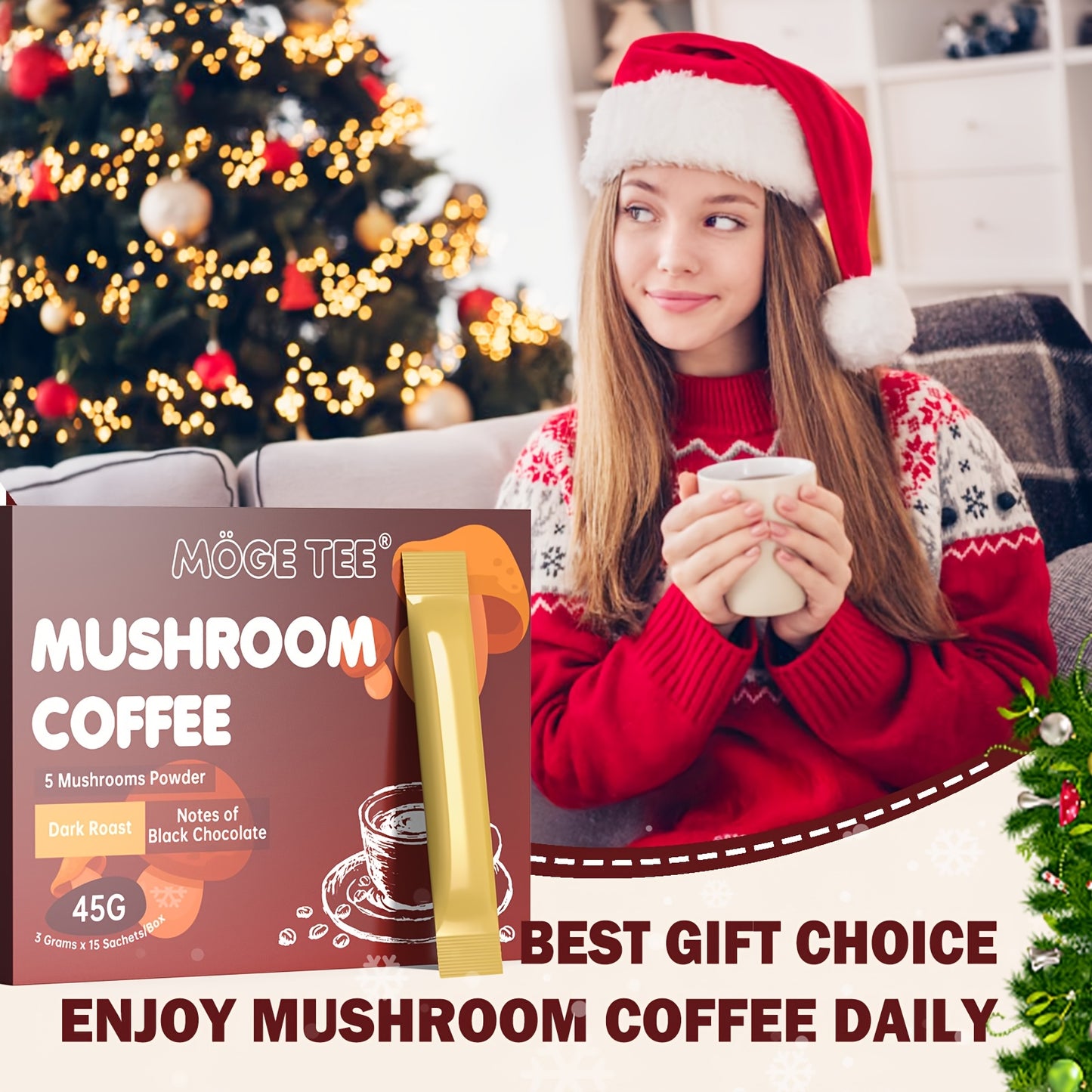 Mushroom Coffee 5 in 1 - With Reishi, Lion's Hair, Cordyceps, Maitake, Shiitake, Arabica Coffee Bean (15 Packets 3g)